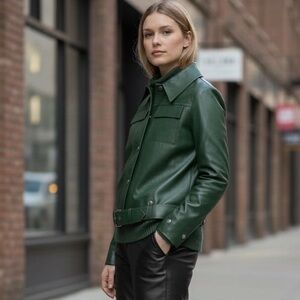 NWT Soia & Kyo Rowen Classic Leather Modern Bomber Jacket in Green Sz XS
